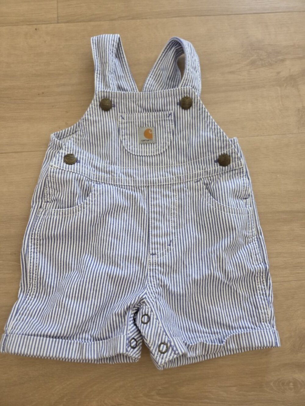 Carhartt Overalls blue white striped Cotton  Snap bottom Size 9 months